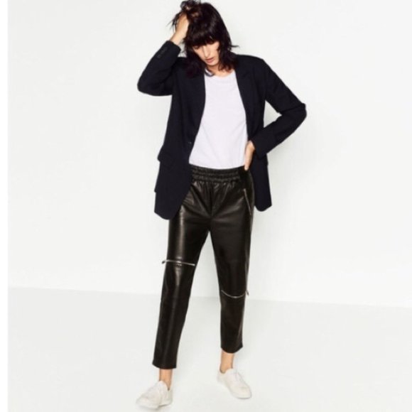 Zara Pants - Zara Black Vegan Leather High Elastic Waist Ankle Jogger Pants With Zippers Sz M